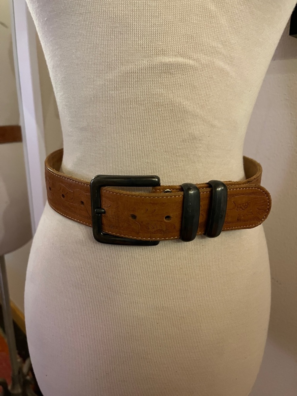 Tooled Leather Belt with Chunky Buckle